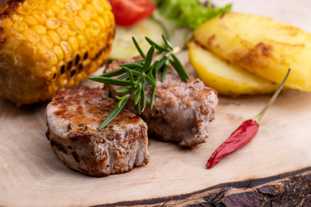 grilled pork fillet on woodの写真素材