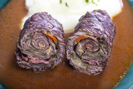 Meat roulades with mashed potatoesの写真素材