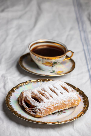 Cherry tart with a cup of coffeeの写真素材