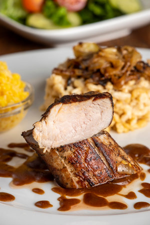 Roasted pork fillet with Swabian pastaの写真素材