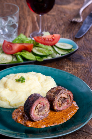 German meat roulade with mashed potatoesの写真素材