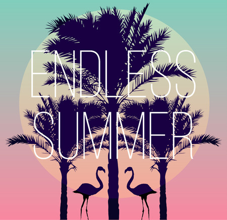Silhouette tropic birds flamingos and a banana palm tree in the background paradise sunset vacation sea beach. The artwork in trendy style of the mirror. slogan endless summer.のイラスト素材