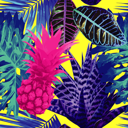 Summer seamless vector floral print pattern in trendy pink blue style, exotic tropical plants and palm leaves fruit pineapple, aloe and begonias on a yellow background. Wallpapers sea beach restaurantのイラスト素材