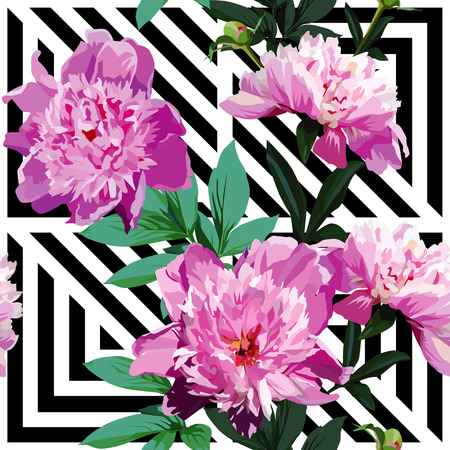 Very beautiful nature summer floral seamless pattern made up of a trendy pink peony with green leaves on a stripe geometric black and white background.のイラスト素材