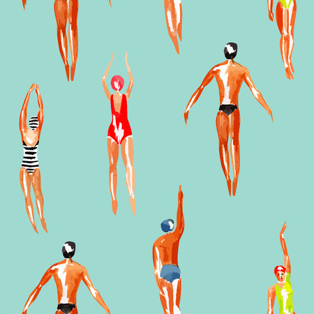 Watercolor swimmer men and women engaged in sports swimming in the marine tropical harbor.のイラスト素材