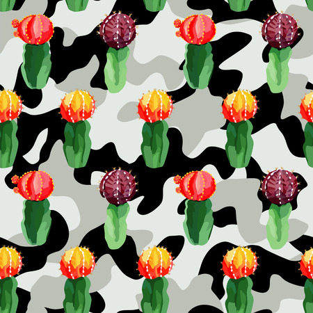 Trendy camouflage  illustration hand drawn watercolor cactus on military background khaki camo seamless patternのイラスト素材