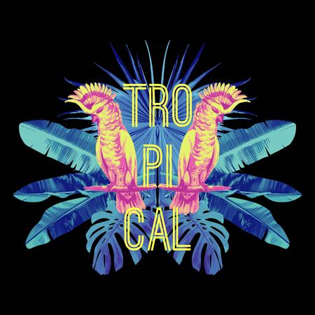 Exotic bird parrot and palm leaves tropical mirror illustration in blue style. Black backgroundのイラスト素材