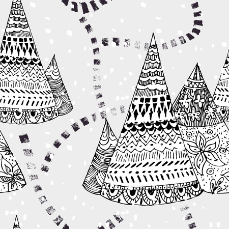 Illustrations wigwam tepee home with tribal ornament drawn with black ink. path on snowy background seamless patternのイラスト素材