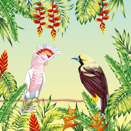 Tropical birds parrot maccaw sitting on a branch frame leaves and flowers. Vector illustrationのイラスト素材