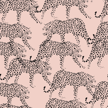 Seamless composition of silhouette with spots wild animals leopards in trendy black color on a pink background. Fashion pattern wallpaperのイラスト素材