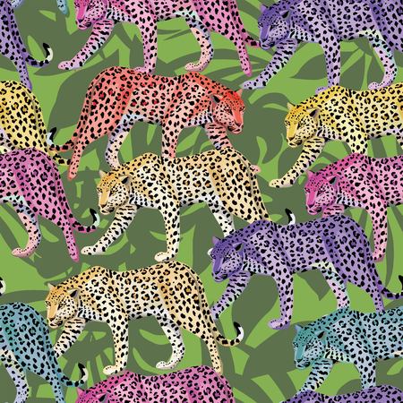 Seamless composition of multicolor wild animals leopards on a green leaves background. Fashion pattern wallpaperのイラスト素材