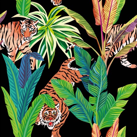 Seamless composition of the wild predatory animals tiger in the tropical jungle. Vector illustration of a print pattern wallpaper black backgroundのイラスト素材