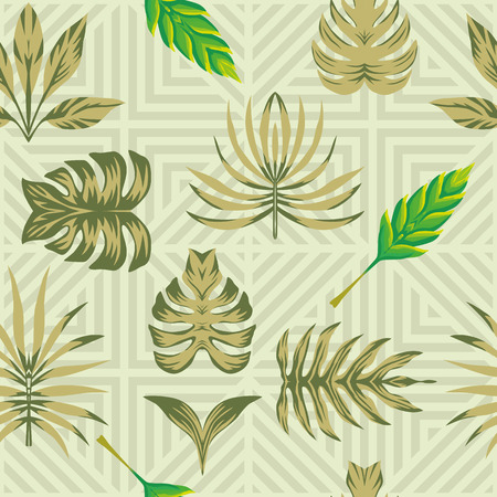 Symmetrical composition of tropical flowers and leaves on a olive geometric background. Seamless vector wallpaper patternのイラスト素材