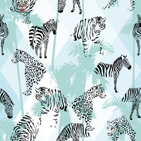 Exotic beach trendy seamless pattern, patchwork illustrated tropical animals vector.のイラスト素材