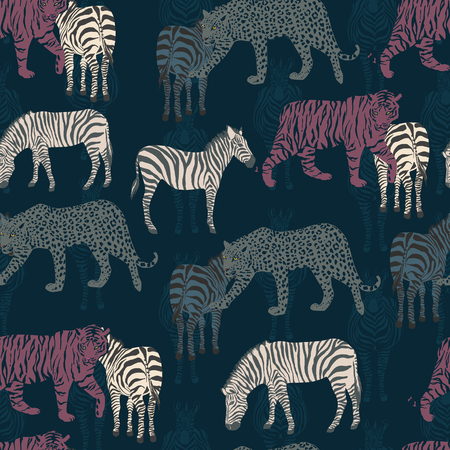 Excellent abstract composition from tropical animals. Wild night jungle leopard, tiger, zebra. Seamless Vector Pattern on a dark blue backgroundのイラスト素材