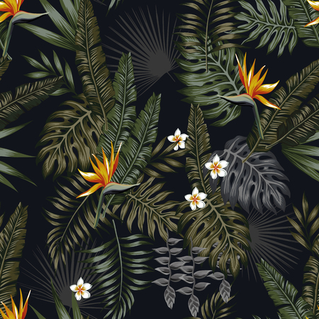 Tropical leaves and flowers in the night style for men's prints. Seamless vector jungle wallpaper pattern black backgroundのイラスト素材