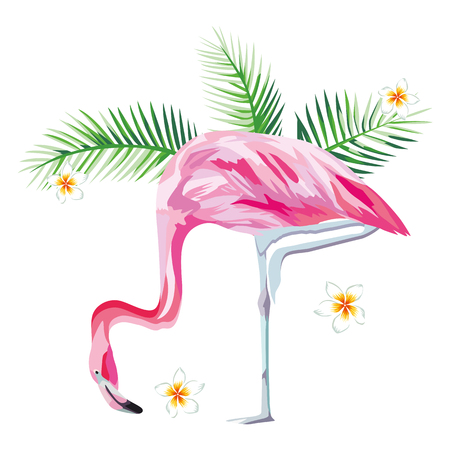 Tropical bird pink flamingo with tropical plants and flowers beach wallpaperのイラスト素材