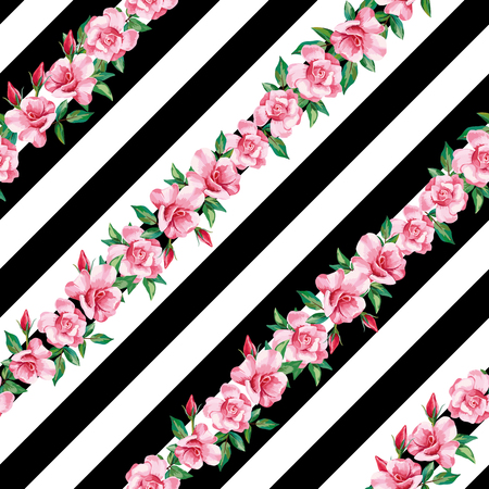 Vector illustration pink flowers rose on the line seamless pattern black white stripe backgroundのイラスト素材