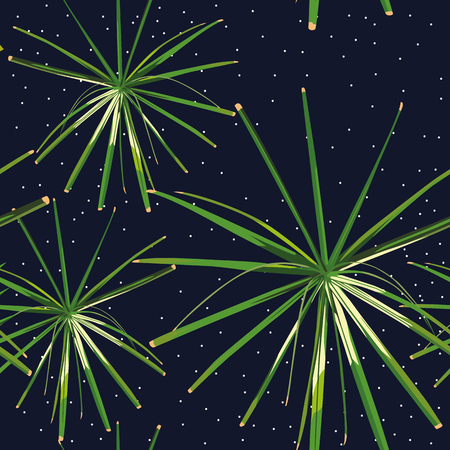 Green tropical exotic plants seamless pattern night stars background. Vector trendy space compositionのイラスト素材