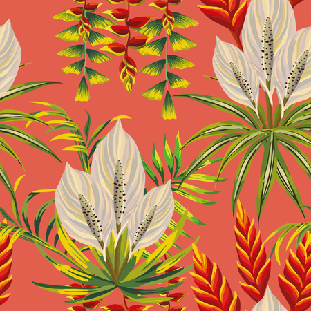 Tropical composition flowers leaves on the exclusive red background. Seamless pattern vectorのイラスト素材