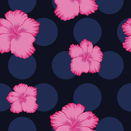Exotic flower pink hibiscus abstract pink color seamless pattern blue circles backgroundのイラスト素材
