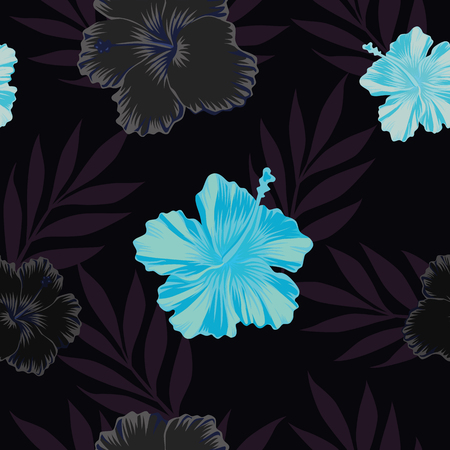Dark and blue tropical flowers hibiscus seamless pattern. Vector illustrationのイラスト素材