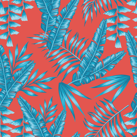 Abstract composition blue tropical palm leaves seamless living coral background. Trendy exotic patternのイラスト素材