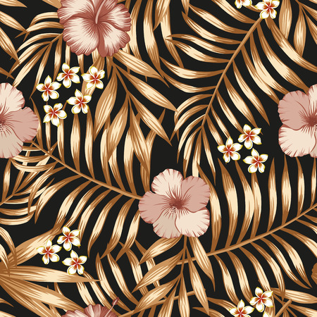 Exotic flowers hibiscus and  frangipani (plumeria) golden palm leaves seamless vector pattern on the black backgroundのイラスト素材
