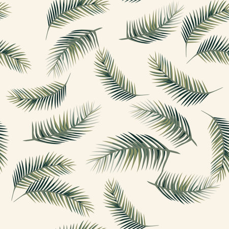 Green vector palm leaves. Seamless design pattern on the beige backgroundのイラスト素材