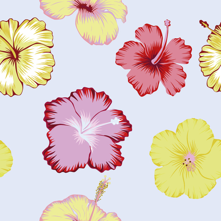 Tropical hibiscus flowers seamless vector pattern abstract color on the light backgroundのイラスト素材