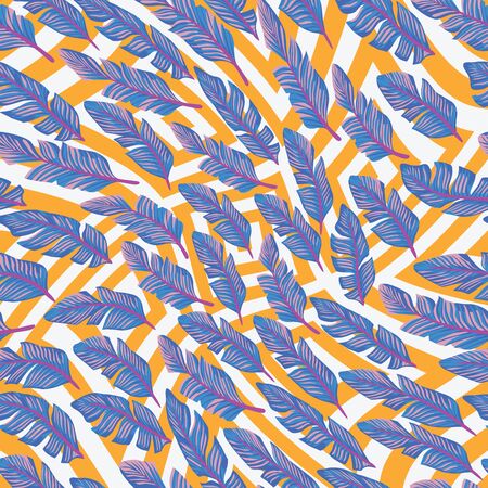 Abstract vector illustration tropical exotic banana leaves painted in unusual color. Seamless texture exceptional geometric white yellow background. Repeating trendy pattern. Beach textile wallpaper.のイラスト素材
