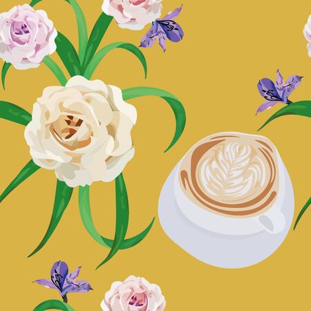 Vector seamless illustration a cup of cappuccino coffee with flowers bouquet roses on yellow background. Fashion textile print fabric repeat floral pattern, mobile wallpaper.のイラスト素材