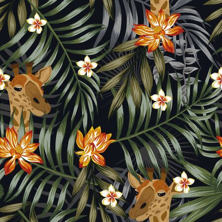 Cartoon head giraffe with tropical orange plumeria, lotus flowers and blue tropic leaves. Night vector seamless illustration repeating pattern on black background. Abstract floral wallpaperのイラスト素材