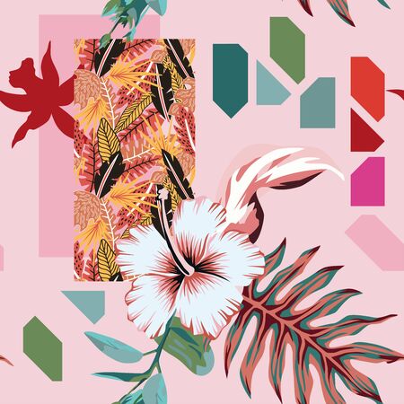 Abstract summer floral hand painted composition multicolor exotic tropical leaves and hibiscus flowers seamless vector pattern on geometric shapes pink background. Spring wallpaper illustrationのイラスト素材