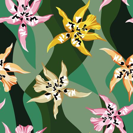 Abstract color hand drawn vector orange, pink, yellow, beige tropical flowers seamless pattern on wavy background in shades of green. Exotic illustration repeating style image.のイラスト素材