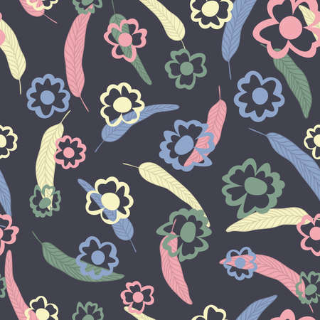 Summer illustration cartoon vector style seamless pattern hand drawn multicolor flowers leaves on gray backgroundのイラスト素材