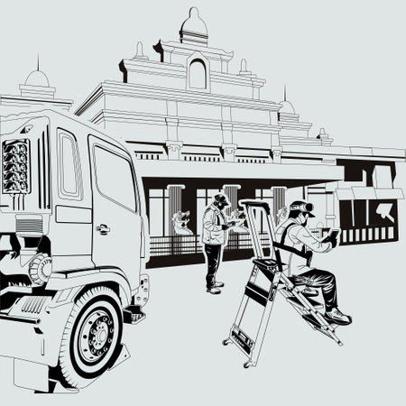 Vector illustration of a worker stopping at a monument to plan a projectのイラスト素材