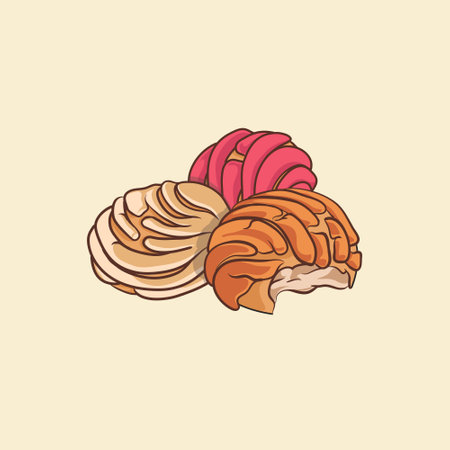 Enhance your culinary designs with our charming Conchas bread illustrations. illustration of this beloved Mexican pastry, making it the perfect addition to any food blog, menu, cookbook. etc.のイラスト素材