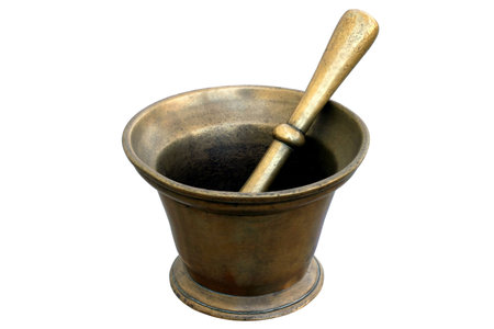 Brass Medicinal Mortar - Mortar and pestle used daily in a French pharmacy.  The aging is real.の写真素材