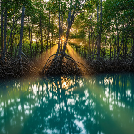 Mangrove forest with sunbeam in morning, Thailand.の素材