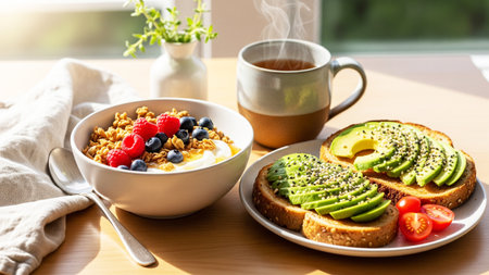Healthy breakfast with oatmeal, avocado, berries and coffee on wooden tableの素材