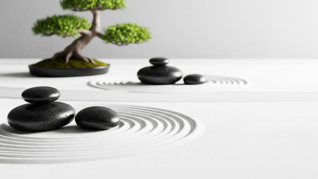 zen stones and bonsai on white background, zen conceptの素材