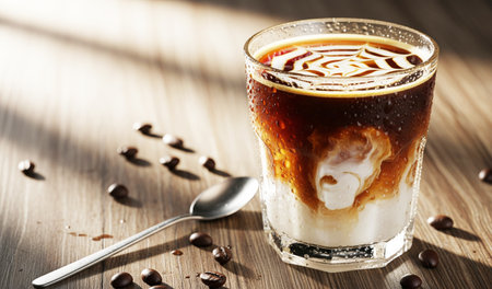 Coffee with cream in a glass on a wooden table.の素材