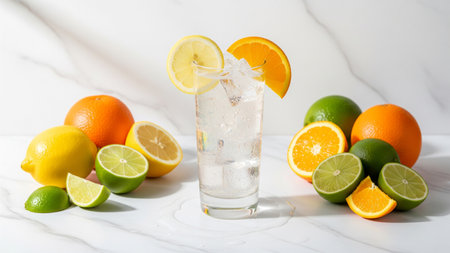 Cocktail with ice, lemon, orange and lime on white marble backgroundの素材