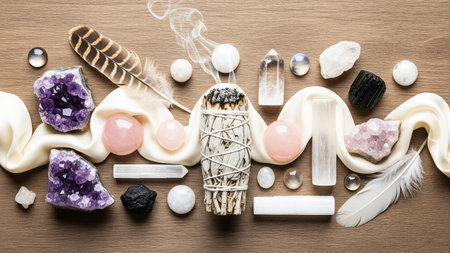 Aromatherapy accessories on a wooden background. Spa concept.の素材