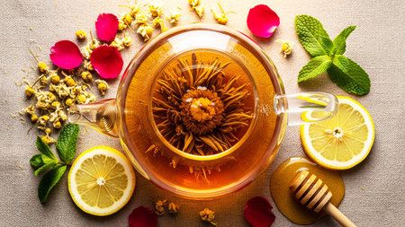 Cup of tea with lemon, honey, mint and rose petalsの素材