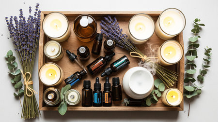Flat lay composition with essential oil bottles and candles on white backgroundの素材