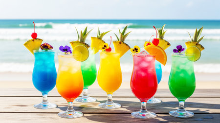 Colorful cocktails on the beach with sea and blue sky background.の素材