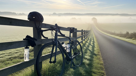 Bicycle on a country road in a misty landscape at sunriseの素材