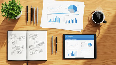 Top view of modern workplace with tablet pc, coffee cup and financial documents on wooden table. Workplace with tablet pc and office supplies.の素材